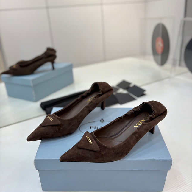 PRADA 26S PUMPS 55MM IN DARK BROWN SUEDE WITH LOGO
