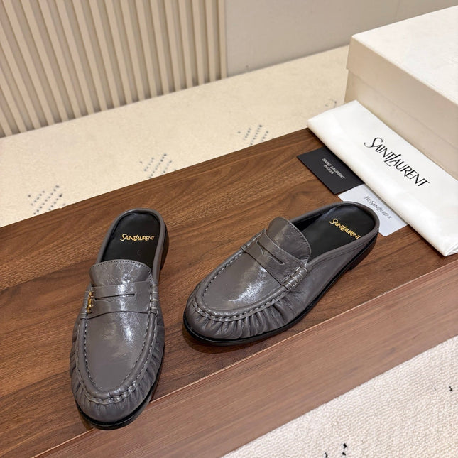 YSL 26S LOAFER MULES IN DARK GREY GLOSSY CALFSKIN