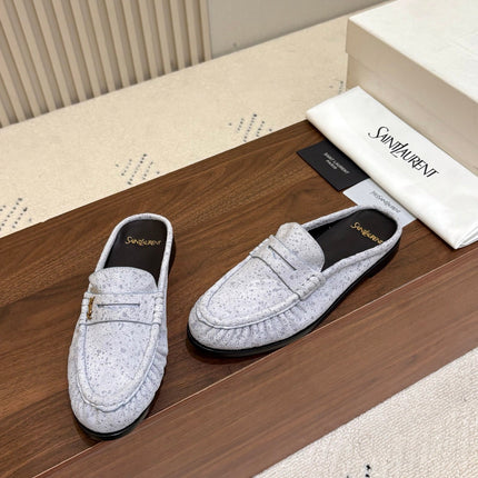 YSL 26S LOAFER MULES IN ICE GREY SUEDE