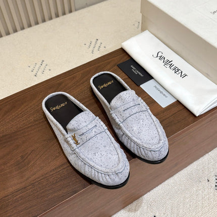 YSL 26S LOAFER MULES IN ICE GREY SUEDE
