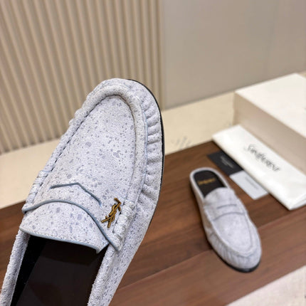 YSL 26S LOAFER MULES IN ICE GREY SUEDE