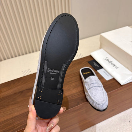 YSL 26S LOAFER MULES IN ICE GREY SUEDE