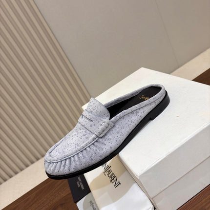 YSL 26S LOAFER MULES IN ICE GREY SUEDE
