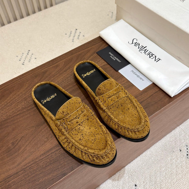 YSL 26S LOAFER MULES IN MUSTARD YELLOW SUEDE