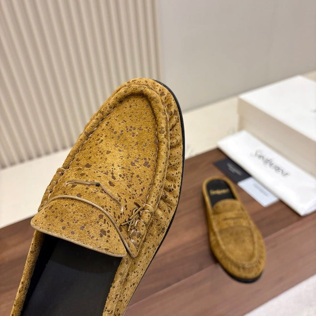 YSL 26S LOAFER MULES IN MUSTARD YELLOW SUEDE