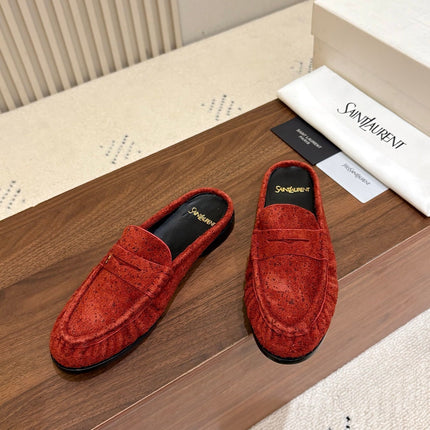 YSL 26S LOAFER MULES IN BRICK RED SUEDE