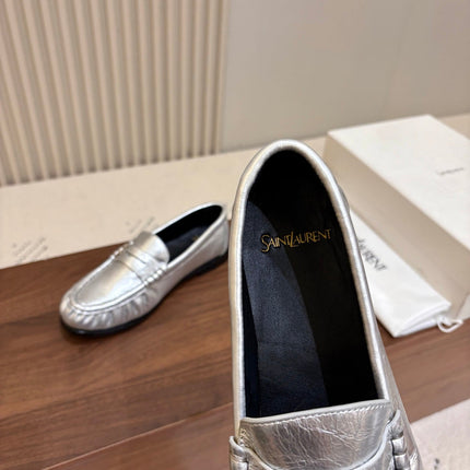 YSL 26S LOAFERS IN SILVER LAMBSKIN