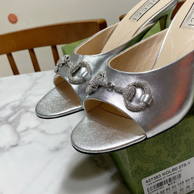 GUCCI 26S HORSEBIT HIGH-HEELED SANDALS 80 MM IN SILVER CALFSKIN