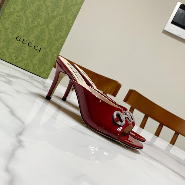 GUCCI 26S HORSEBIT HIGH-HEELED SANDALS 80 MM IN DARK RED GLOSSY CALFSKIN