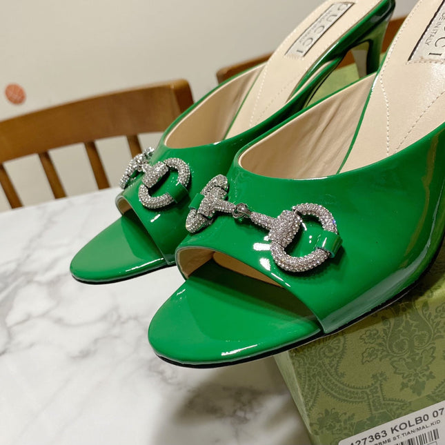 GUCCI 26S HORSEBIT HIGH-HEELED SANDALS 80 MM IN GREEN GLOSSY CALFSKIN