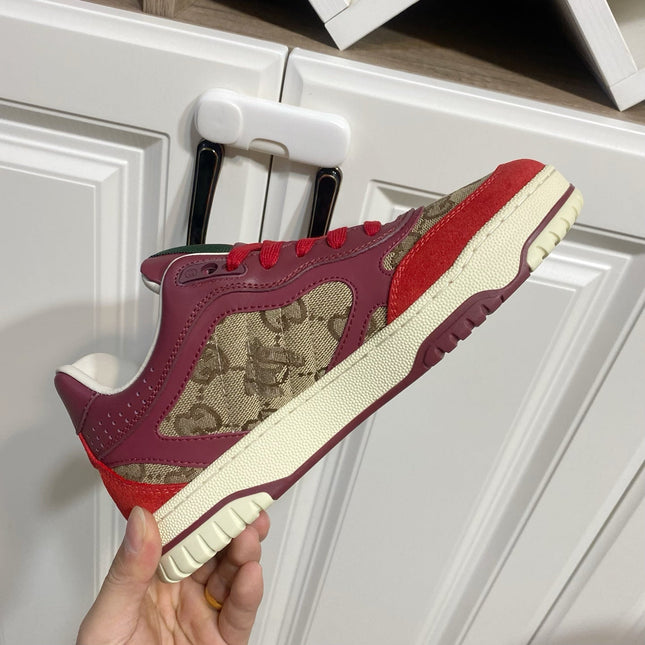 GUCCI 26S RE-WEB TRAINER SNEAKERS IN RED CALFSKIN AND BEIGE CANVAS