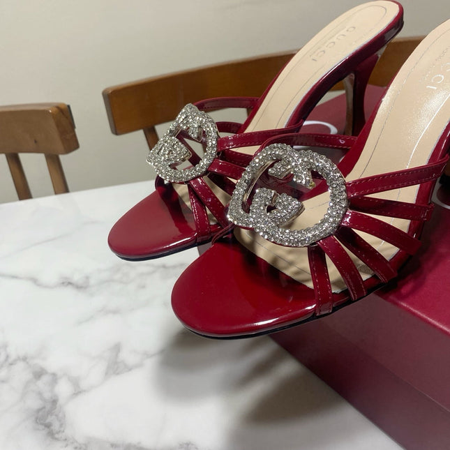 GUCCI 26S HEELED SANDALS 85 MM IN DARK RED CALFSKIN WITH CRYSTAL