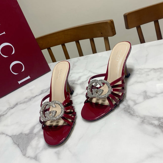 GUCCI 26S HEELED SANDALS 85 MM IN DARK RED CALFSKIN WITH CRYSTAL