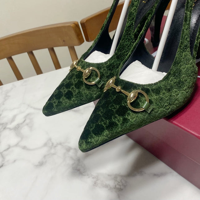 GUCCI 26S SLINGBACK HEELS 85 MM IN DARK GREEN VELVET