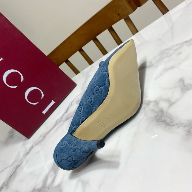 GUCCI 26S HEELED MULES 85 MM IN BLUE SUEDE