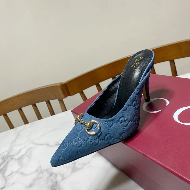 GUCCI 26S HEELED MULES 85 MM IN BLUE SUEDE