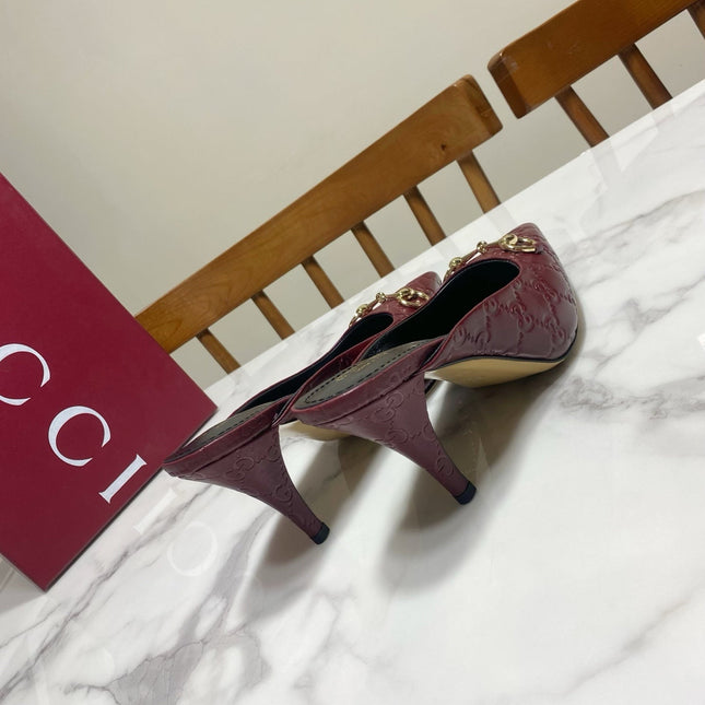 GUCCI 26S HEELED MULES 85 MM IN DARK RED CALFSKIN