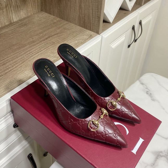 GUCCI 26S HEELED MULES 85 MM IN DARK RED CALFSKIN