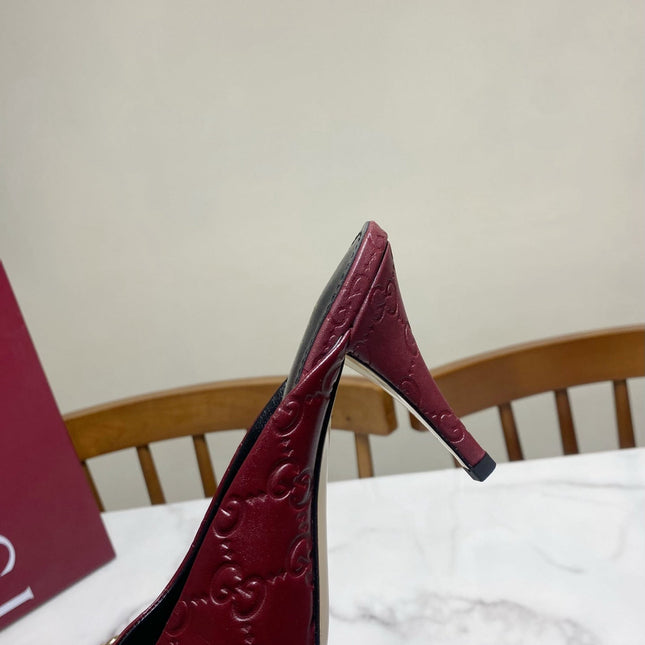 GUCCI 26S HEELED MULES 85 MM IN DARK RED CALFSKIN