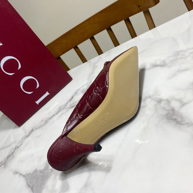 GUCCI 26S HEELED MULES 85 MM IN DARK RED CALFSKIN