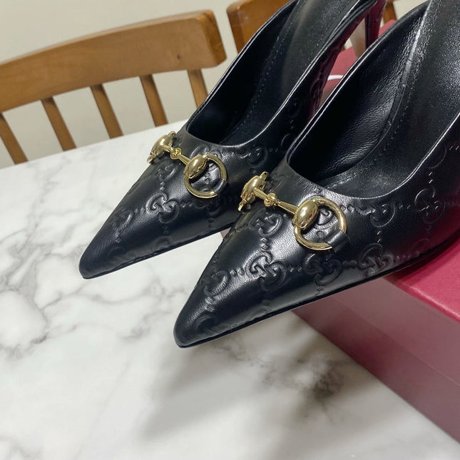 GUCCI 26S HEELED MULES 85 MM IN BLACK CALFSKIN