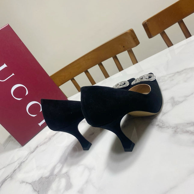 GUCCI 26S HIGH-HEELED SHOES 85 MM IN BLACK SUEDE WITH CRYSTAL
