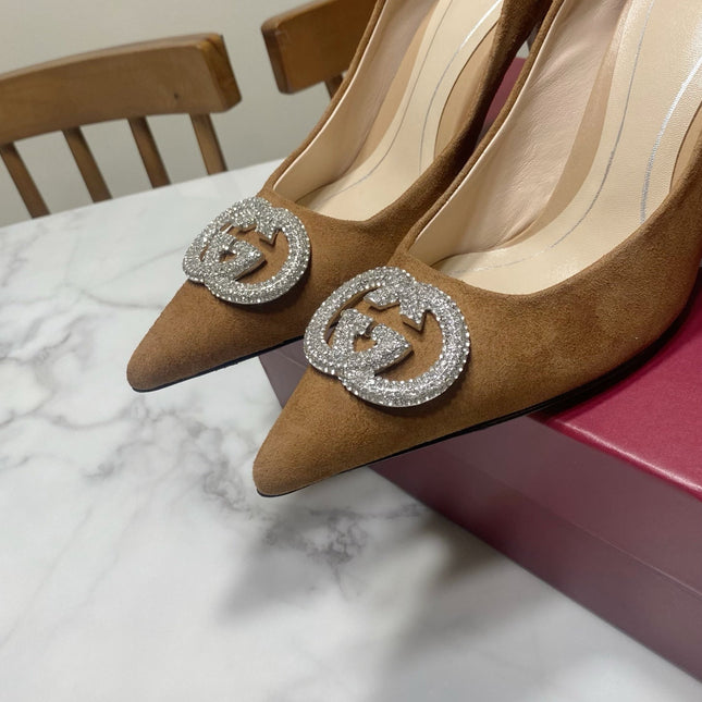 GUCCI 26S HIGH-HEELED SHOES 85 MM IN BROWN SUEDE WITH CRYSTAL