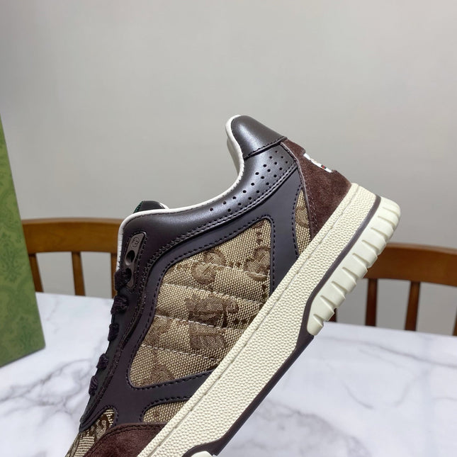 GUCCI 26S RE-WEB TRAINER SNEAKERS IN BROWN CALFSKIN AND BEIGE CANVAS