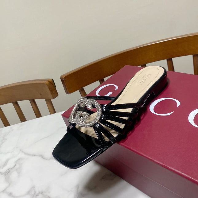 GUCCI 26S FLAT SLIDES IN BLACK CALFSKIN WITH CRYSTAL