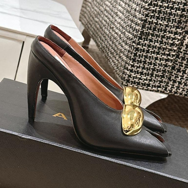 ALAIA SPIKE JEWEL MULES IN BLACK CALFSKIN WITH GOLD HARDWARE