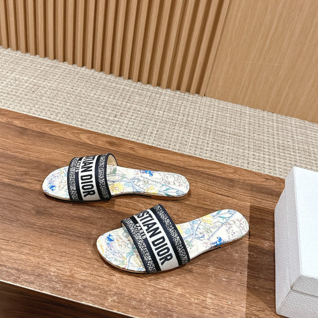DIOR 26S SLIDE SANDALS IN MULTICOLOR FLORAL MAP PRINT LOGO STRAP