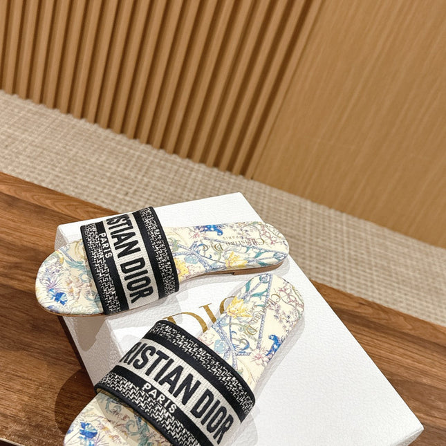 DIOR 26S SLIDE SANDALS IN MULTICOLOR FLORAL MAP PRINT LOGO STRAP