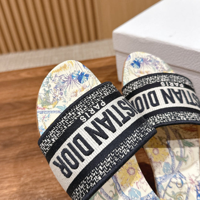 DIOR 26S SLIDE SANDALS IN MULTICOLOR FLORAL MAP PRINT LOGO STRAP