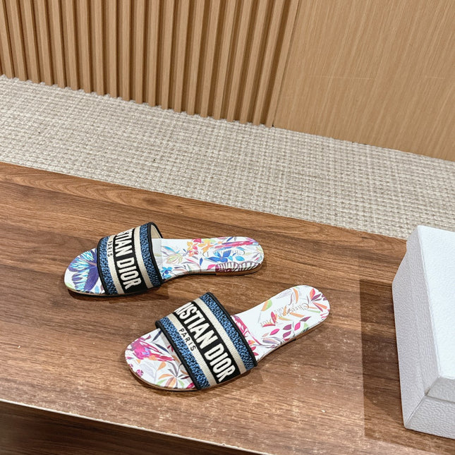 DIOR 26S SLIDE SANDALS IN MULTICOLOR BUTTERFLY PRINT LOGO STRAP