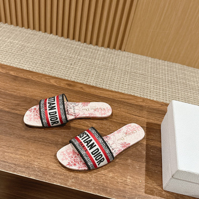 DIOR 26S SLIDE SANDALS IN RED TOILE PRINT LOGO STRAP