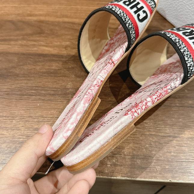 DIOR 26S SLIDE SANDALS IN RED TOILE PRINT LOGO STRAP