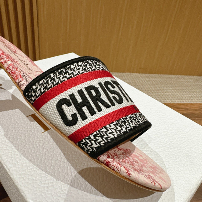 DIOR 26S SLIDE SANDALS IN RED TOILE PRINT LOGO STRAP