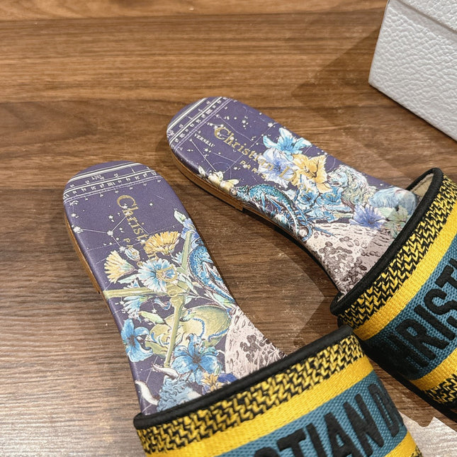 DIOR 26S SLIDE SANDALS IN PURPLE FLORAL MULTICOLOR LOGO STRAP