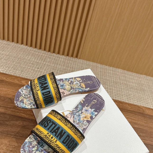 DIOR 26S SLIDE SANDALS IN PURPLE FLORAL MULTICOLOR LOGO STRAP