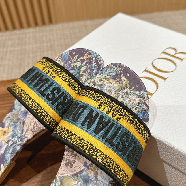 DIOR 26S SLIDE SANDALS IN PURPLE FLORAL MULTICOLOR LOGO STRAP