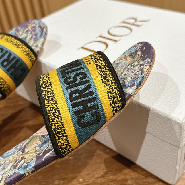 DIOR 26S SLIDE SANDALS IN PURPLE FLORAL MULTICOLOR LOGO STRAP