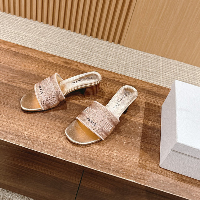 DIOR 26S D-CLUB EMBROIDERED HEELED SLIDES IN ROSE GOLD