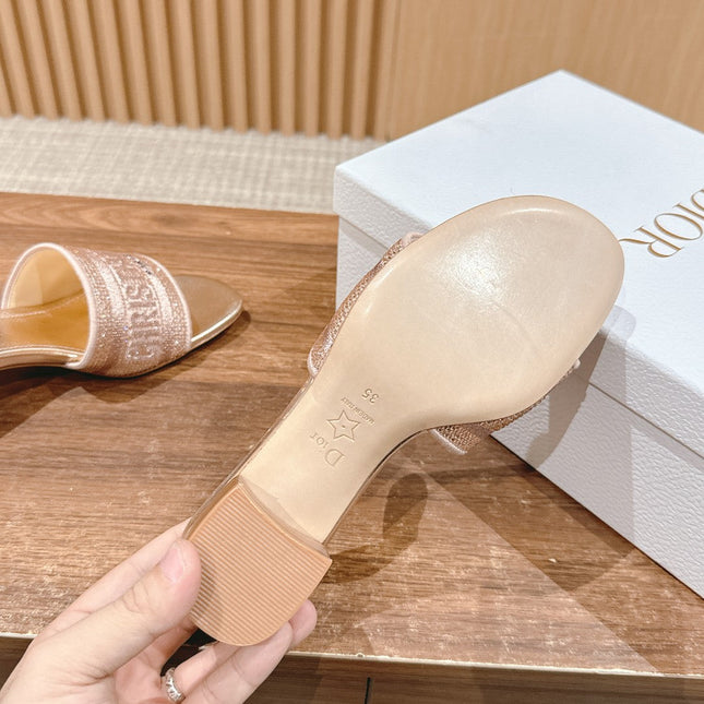 DIOR 26S D-CLUB EMBROIDERED HEELED SLIDES IN ROSE GOLD