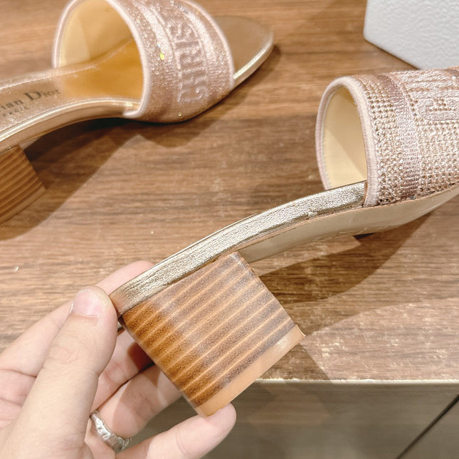 DIOR 26S D-CLUB EMBROIDERED HEELED SLIDES IN ROSE GOLD