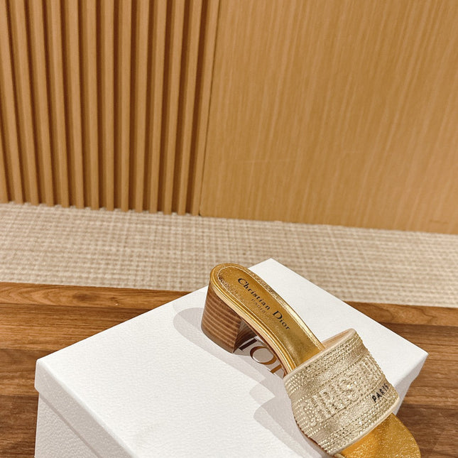 DIOR 26S D-CLUB EMBROIDERED HEELED SLIDES IN GOLD