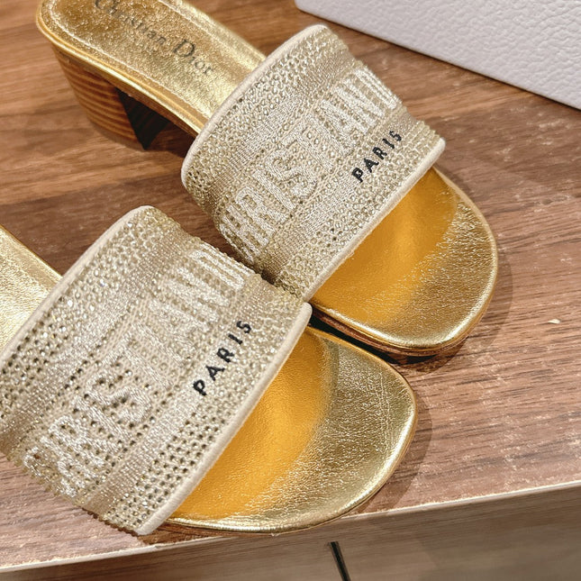 DIOR 26S D-CLUB EMBROIDERED HEELED SLIDES IN GOLD