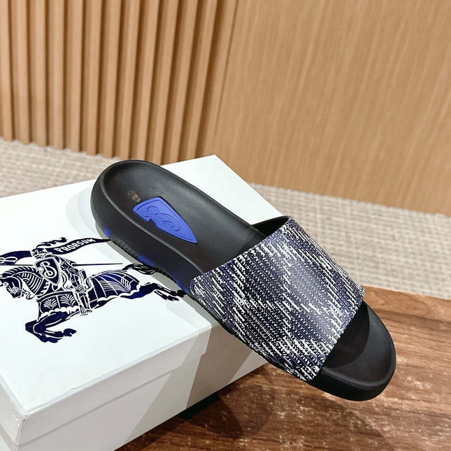 BURBERRY 26S SLIDE SANDALS IN BLACK AND BLUE CALFSKIN