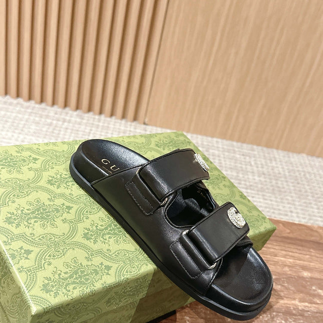 GUCCI 26S DOUBLE-STRAP SANDALS IN BLACK CALFSKIN