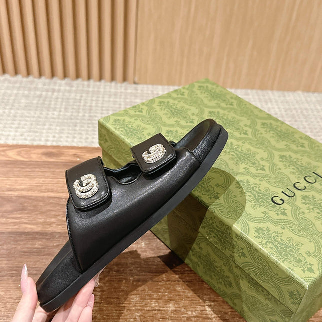 GUCCI 26S DOUBLE-STRAP SANDALS IN BLACK CALFSKIN