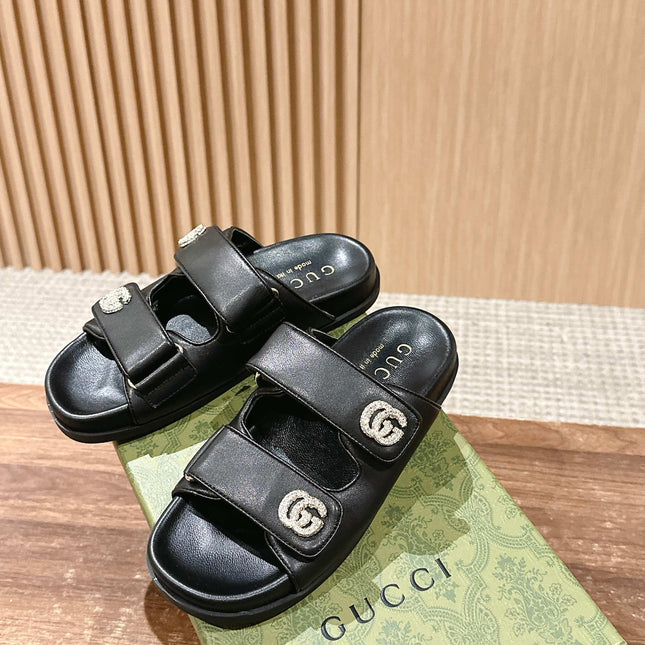 GUCCI 26S DOUBLE-STRAP SANDALS IN BLACK CALFSKIN